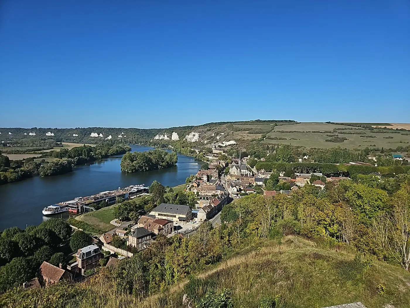 Overview of Les Andelys, the Seine and the hills from Château-Gaillard