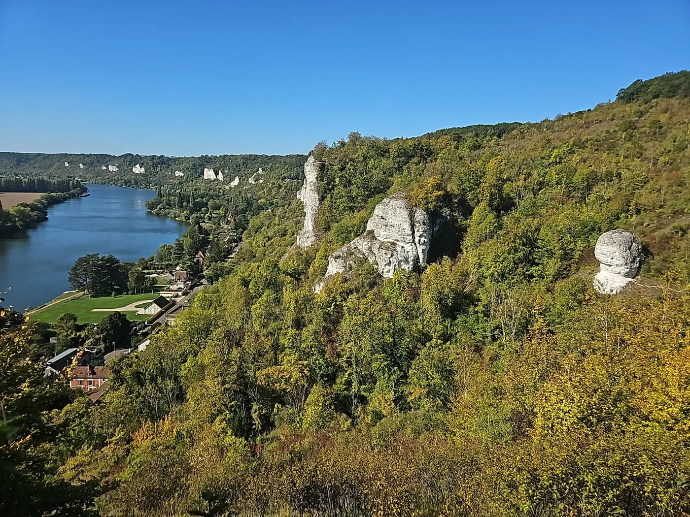 Chalk cliffs, wooded hills and the Seine seen from the heights above Les Andelys